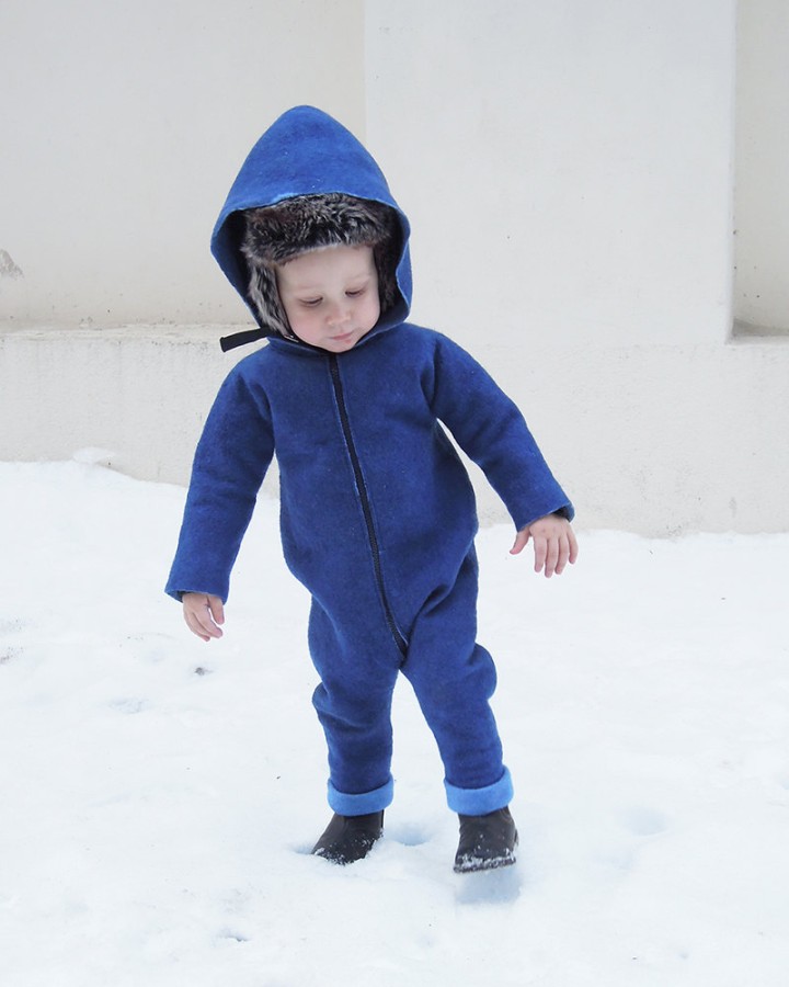 Felt blue autumn overall with hood for baby - wool overall - baby jumpsuit - toddler romper - wool romper